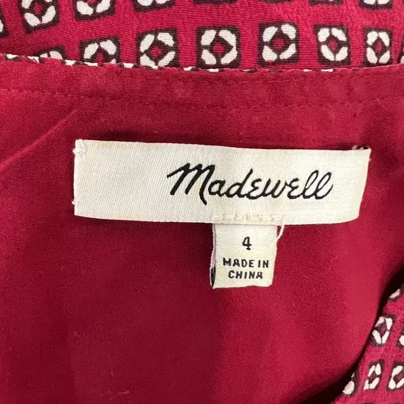 Madewell Silk Short Sleeve Lined Ascot Tile Burgundy Drop Waist Dress Size 4